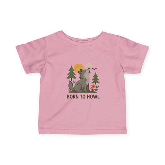 Pink t-shirt with a wolf graphic and 'Born to Howl' text on a white background