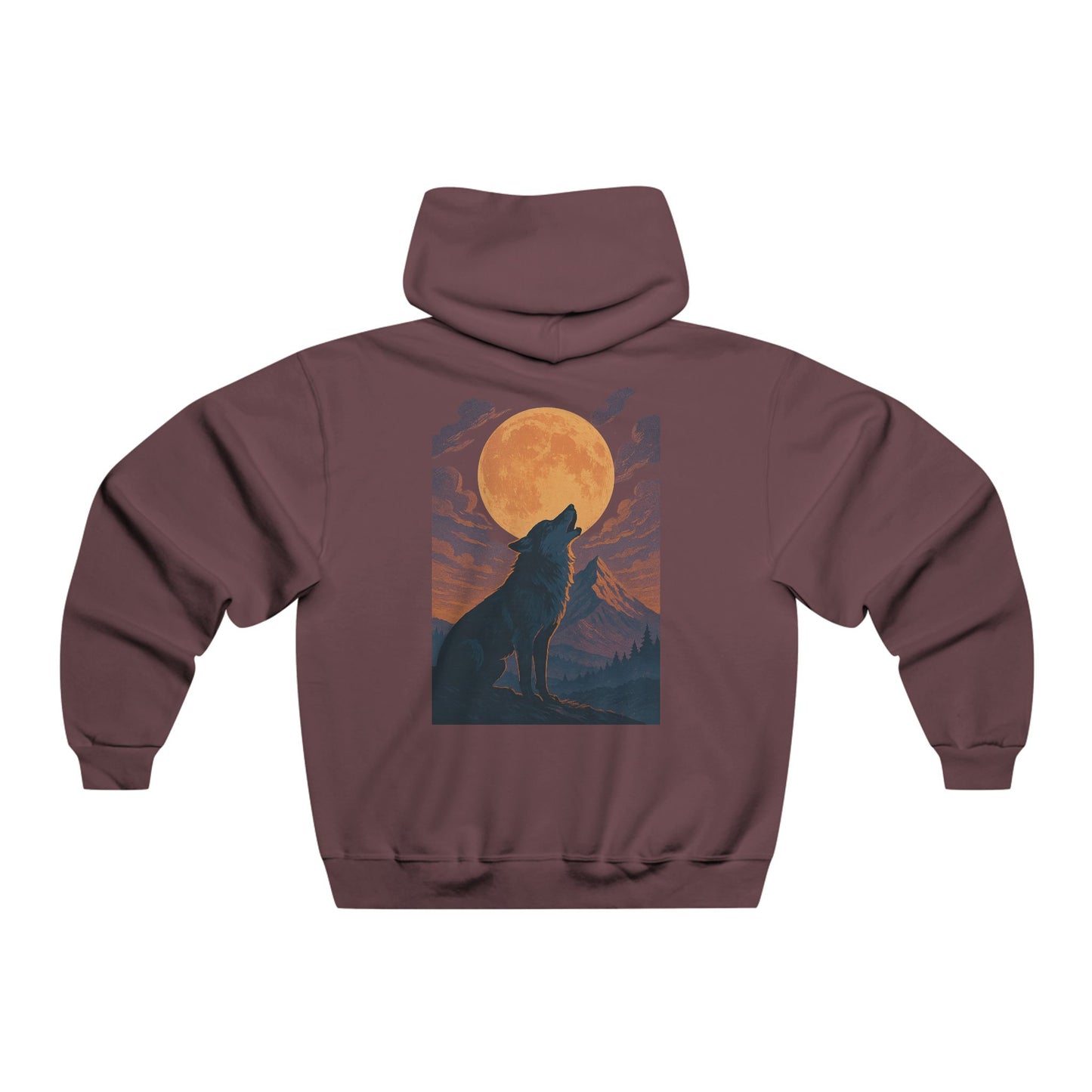 Hooded sweatshirt with front and back moonlit wolf design in twilight tones, printed on a soft cotton-blend fabric with relaxed, comfortable fit.