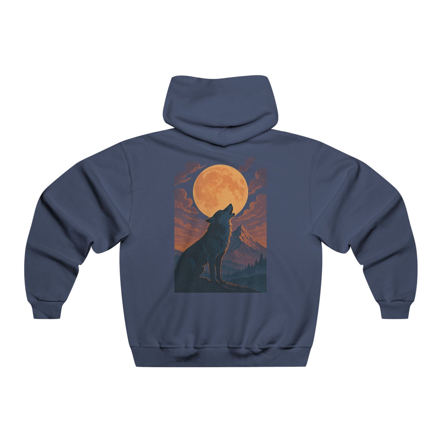 Hooded sweatshirt with front and back moonlit wolf design in twilight tones, printed on a soft cotton-blend fabric with relaxed, comfortable fit.