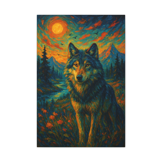Wolf painting with a vibrant sunset and forest background
