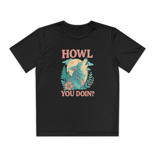 Black youth t-shirt with a graphic of a wolf and text 'HOWL YOU DOIN?' on a white background