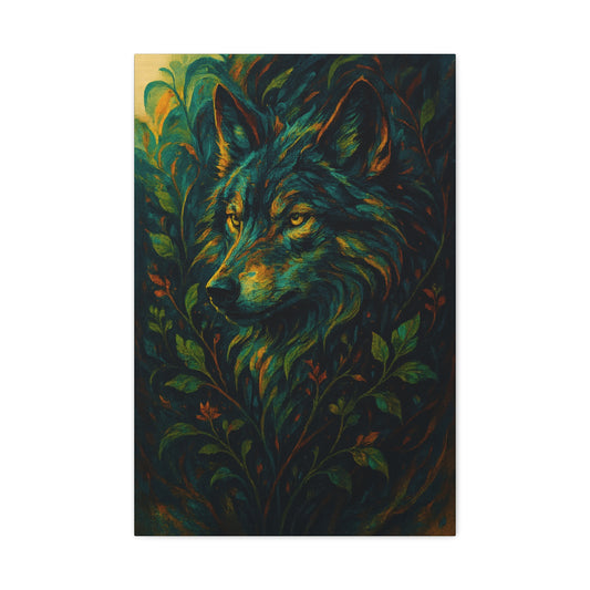 Canvas wall art featuring a calm, observant wolf with earthy tones and forest elements, printed in vivid detail on stretched wood frame.