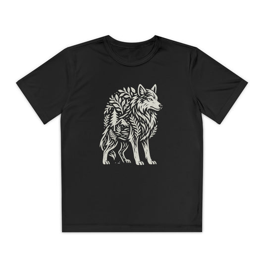 Youth performance t-shirt with wolf minimalist calm-themed design, shown flat with short sleeves, athletic cut, and breathable fabric.