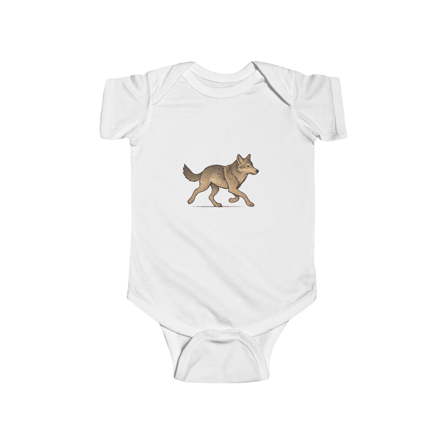 White baby onesie with a wolf design on a white background