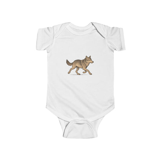 White baby onesie with a wolf design on a white background