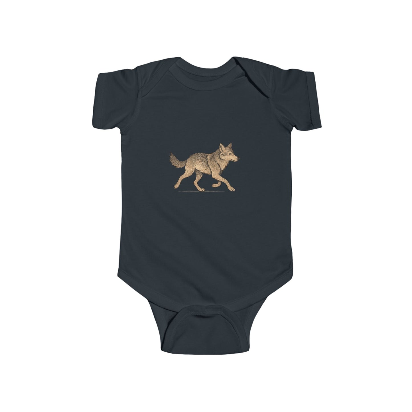 Navy blue baby onesie with a gold wolf design on a white background