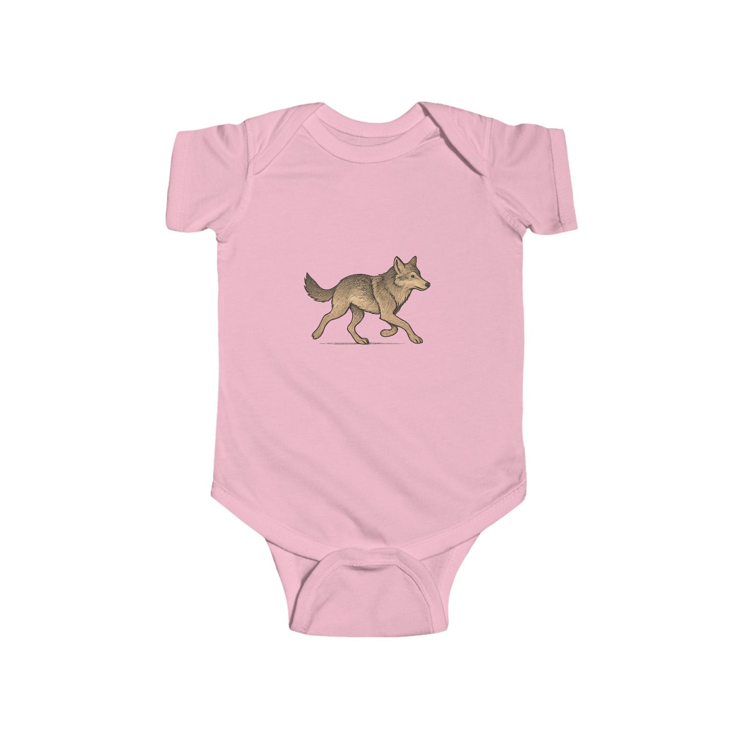 Pink baby onesie with a wolf design on a white background