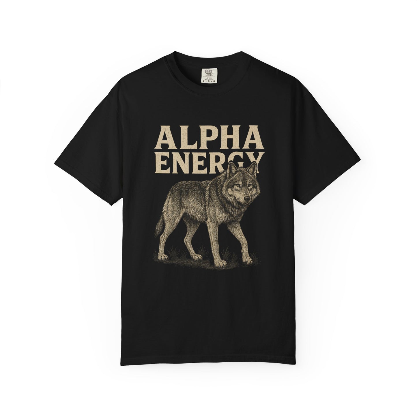 T-shirt with bold wolf design and the words Alpha Energy on front, displayed flat against a neutral background