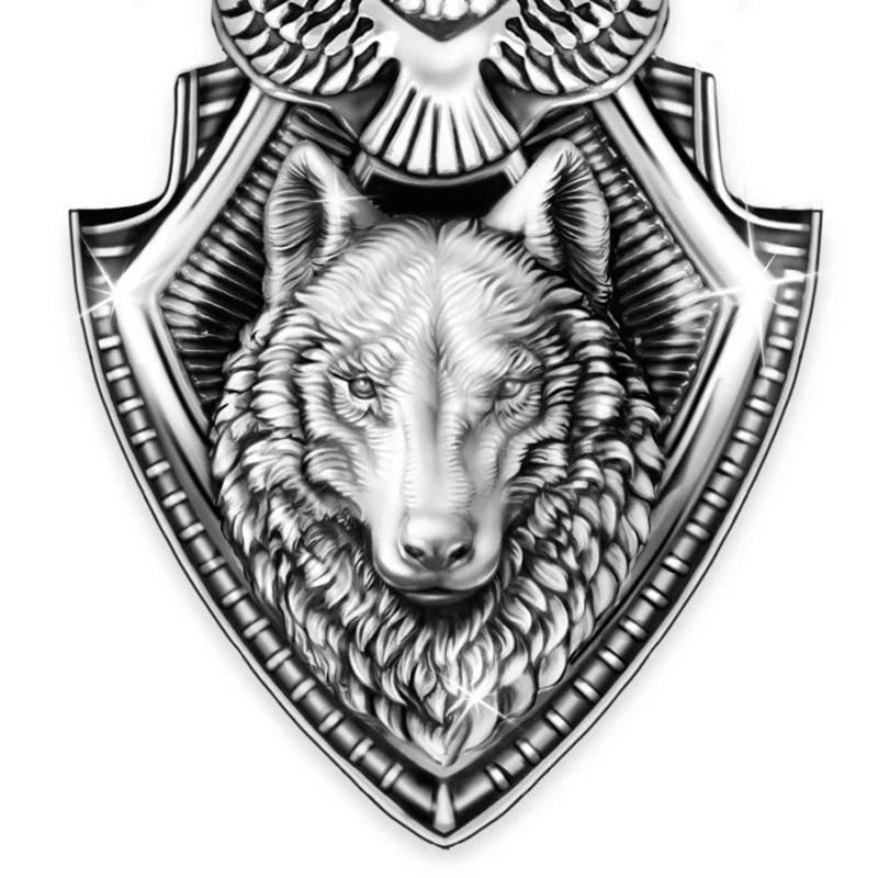 Decorative emblem with a wolf's head and eagle on a shield