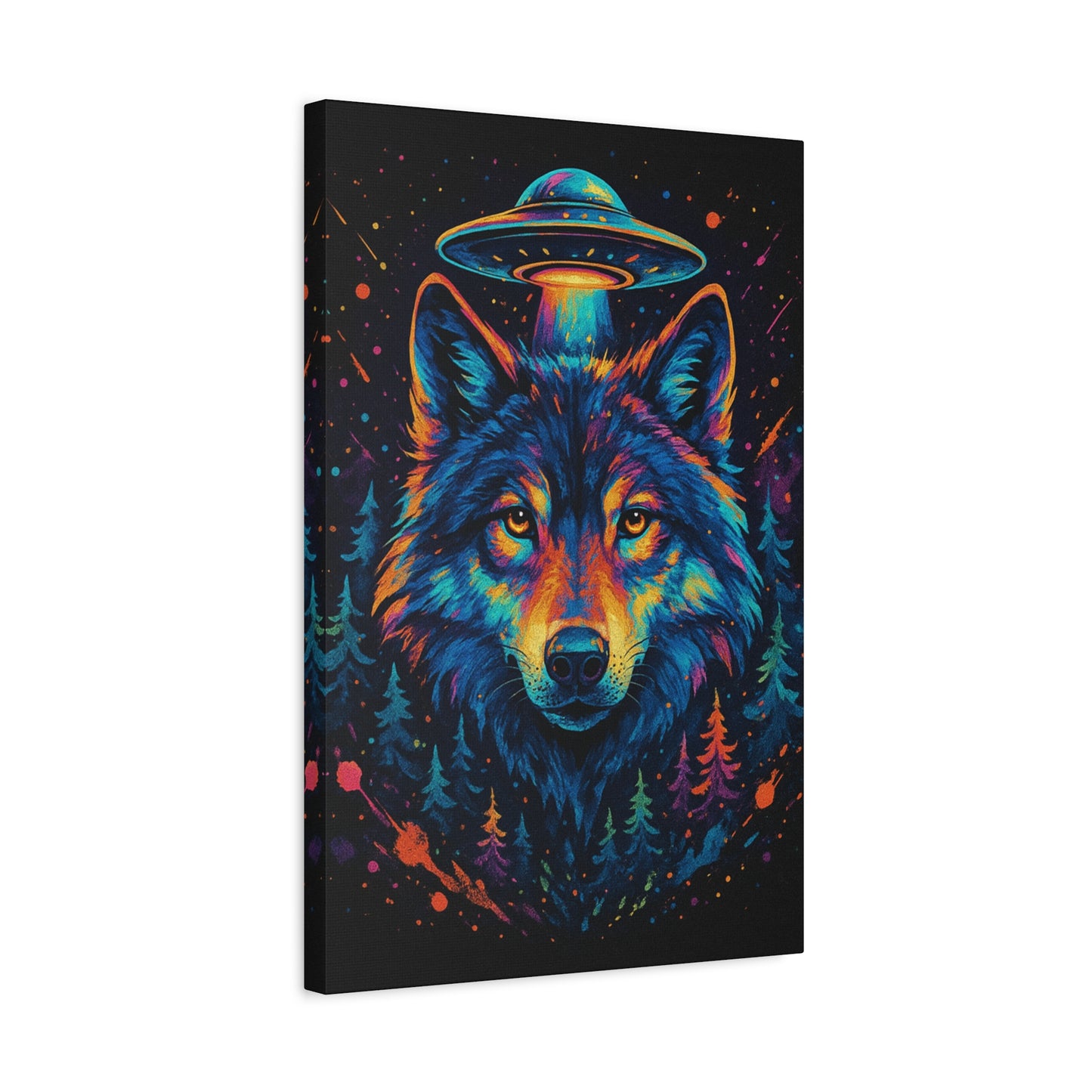 Canvas print with a colorful wolf and UFO design on a black background