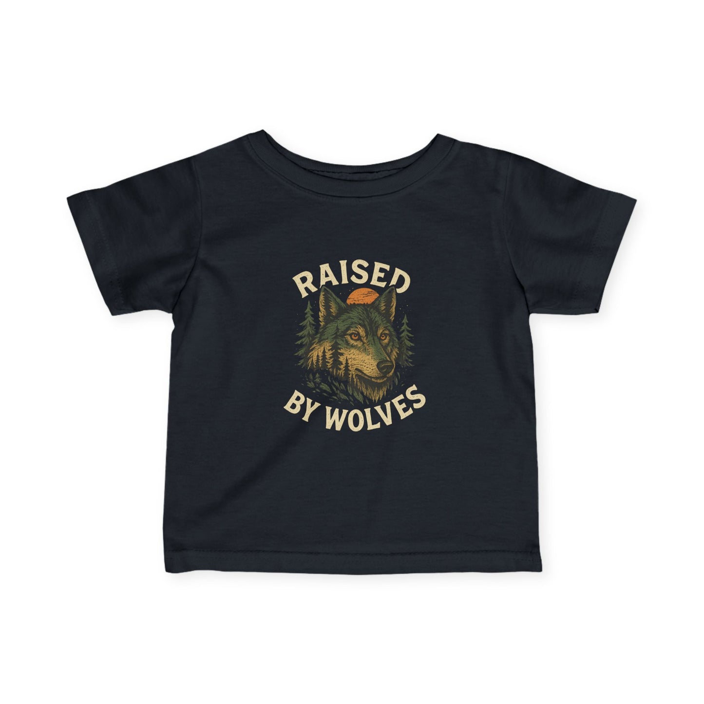 Black t-shirt with 'Raised by Wolves' graphic design on a white background