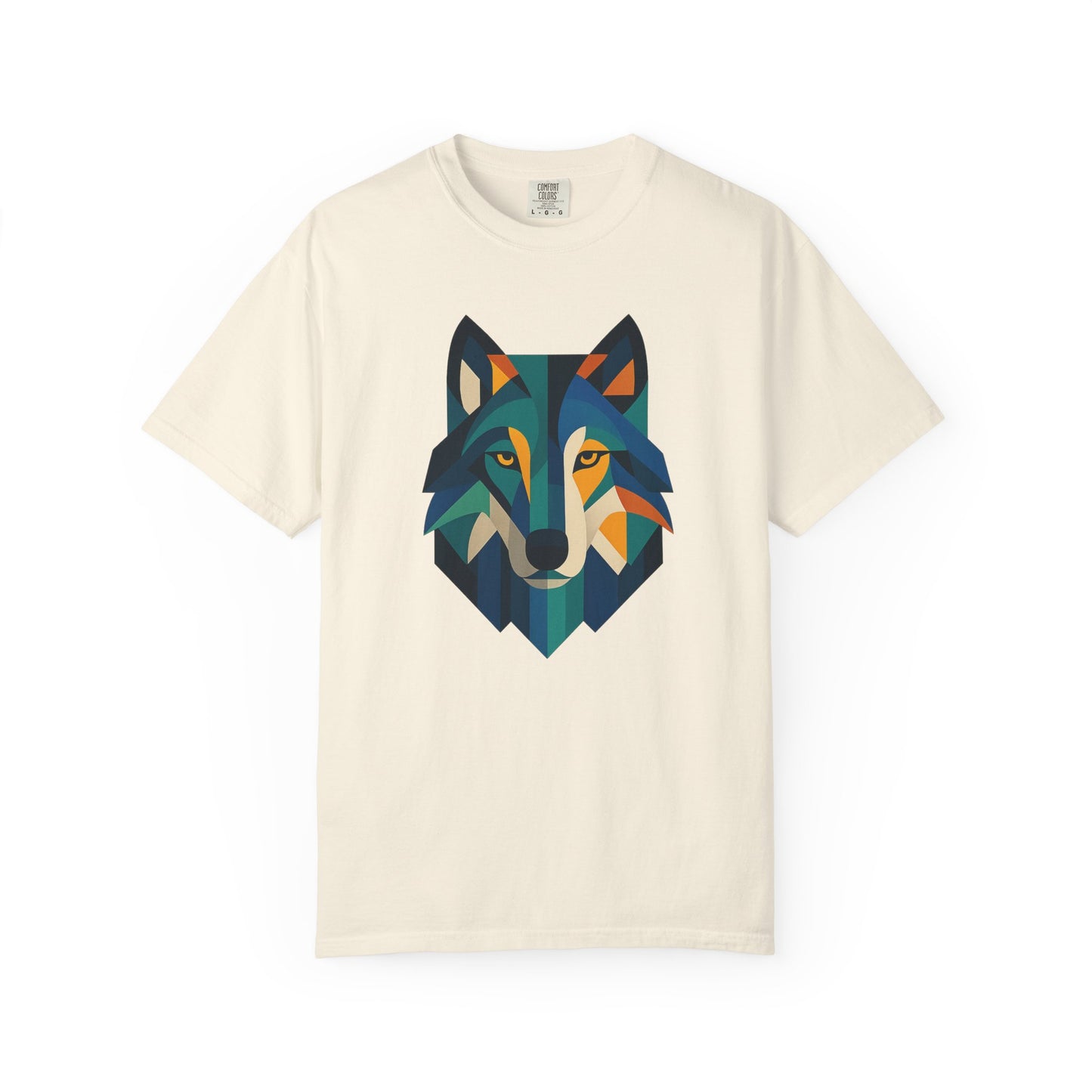 Beige t-shirt with a colorful wolf prism graphic on a white background