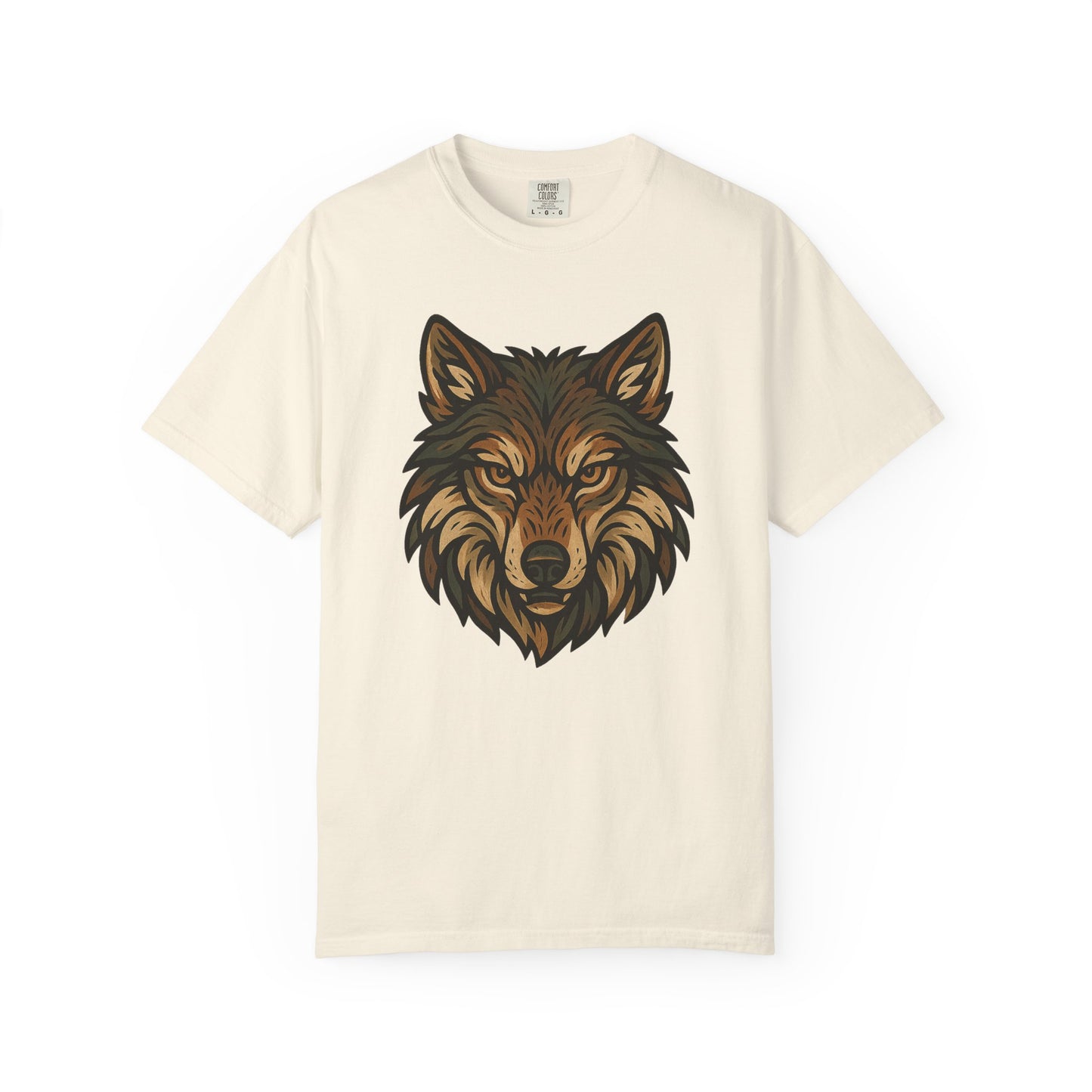 Beige t-shirt with a wolf graphic on a white background