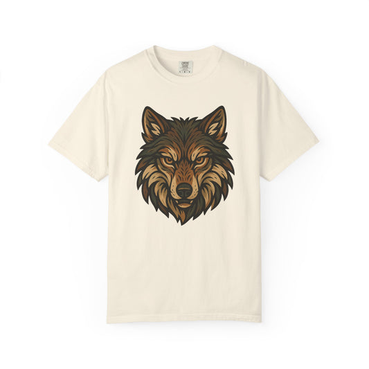 Beige t-shirt with a wolf graphic on a white background