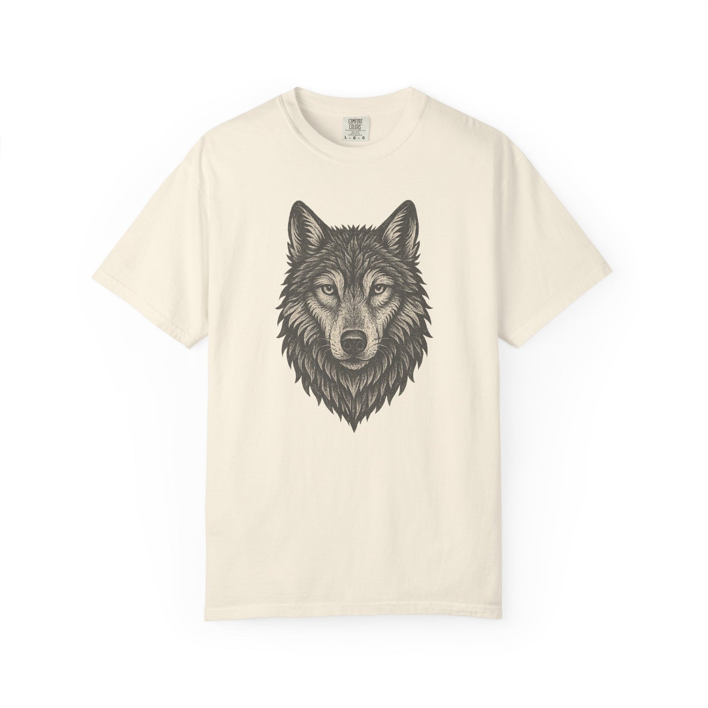 Beige t-shirt with a wolf pencil sketch graphic on a white background