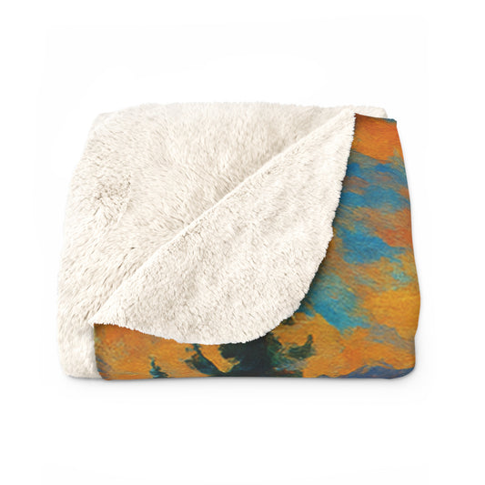 Folded blanket with white sherpa interior and abstract multicolor exterior on a white background