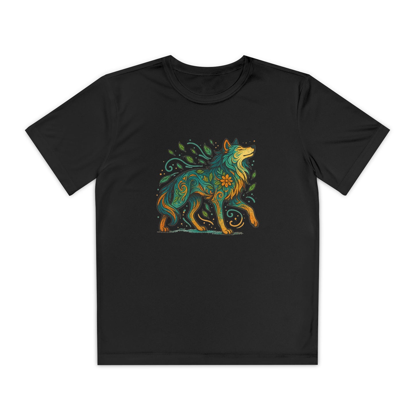 Black t-shirt with a colorful wolf design on a white background