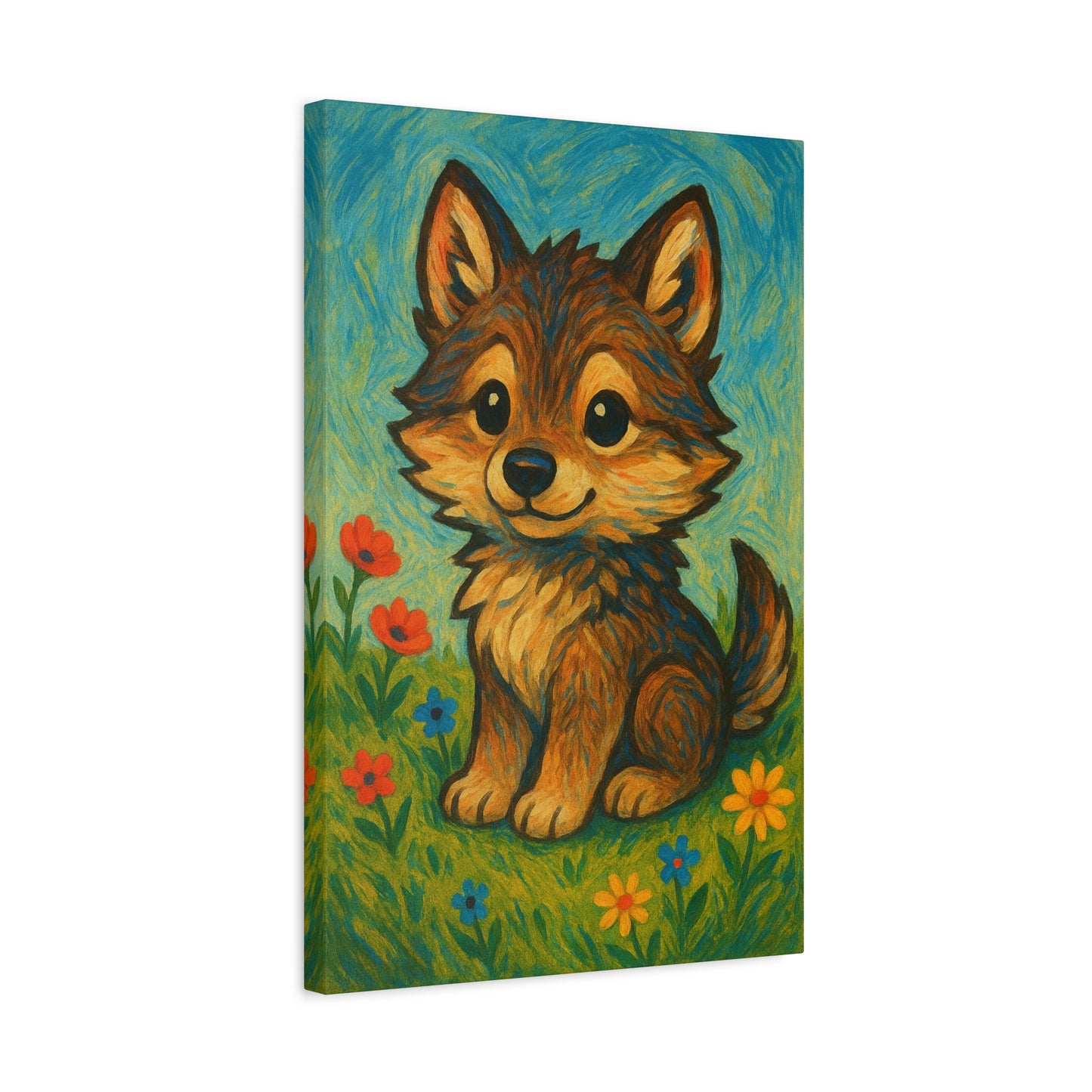Canvas wall art featuring a colorful, whimsical wolf with wildflowers, displayed on stretched pine wood with vivid, high-quality print.