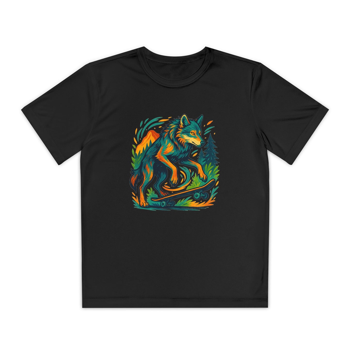 Black Youth athletic-fit t-shirt with “Skater Wolf Vibes” skate-themed wolf design, laid flat to show short sleeves, breathable fabric, and moisture-wicking texture.