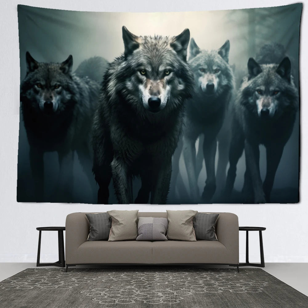 Woven tapestry with a design of wolves hanging above a sofa.