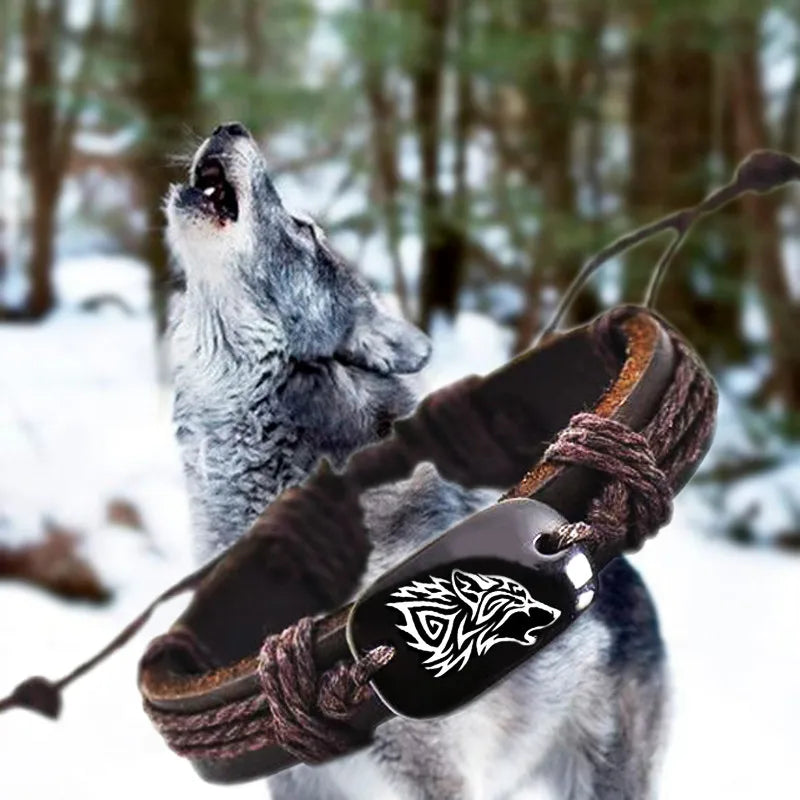 Wolf Crest Braided Leather Bracelet – Unisex Vintage Style
