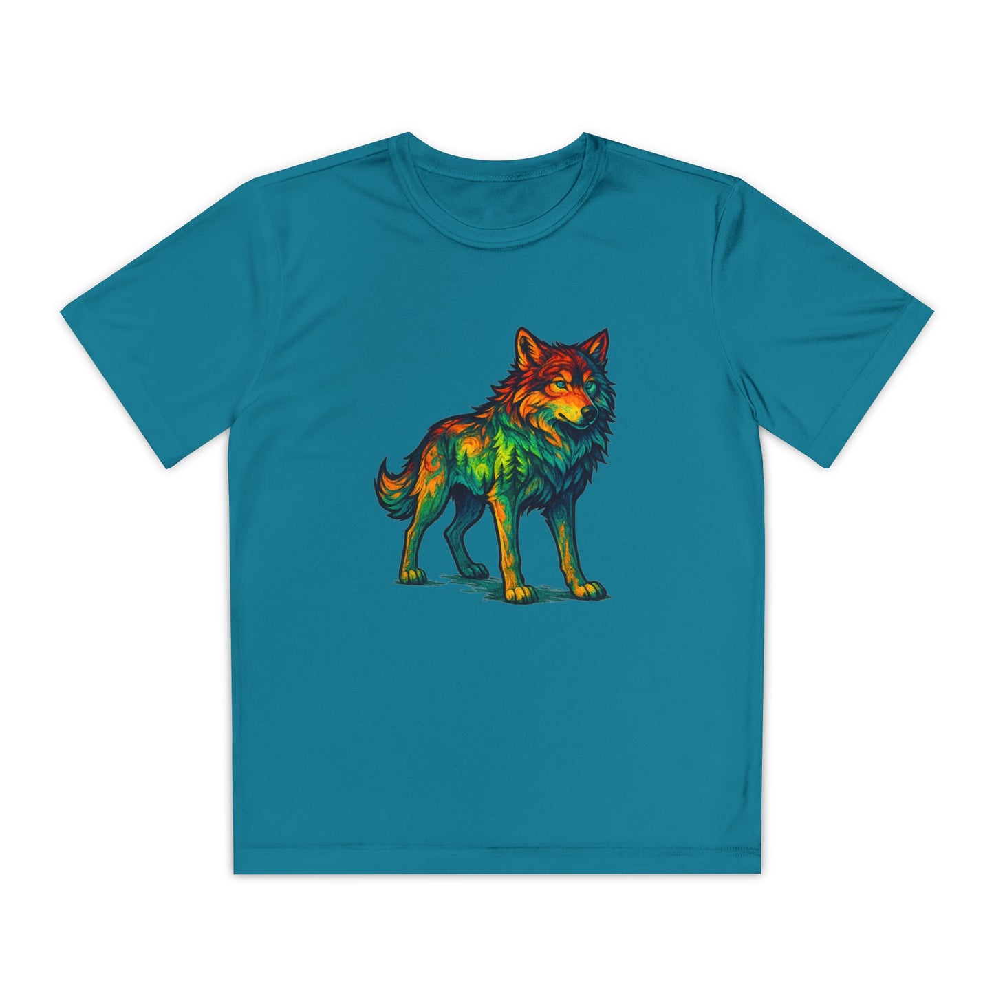 Blue Youth performance t-shirt with “Rainbow Wild Wolf” colorful design, laid flat to highlight lightweight, breathable fabric and athletic fit for active play.