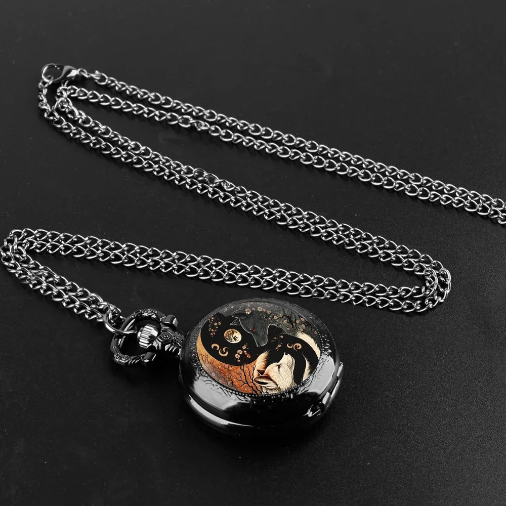 Yin Yang Wolf Pocket Watch | Vintage Quartz Pendant Necklace