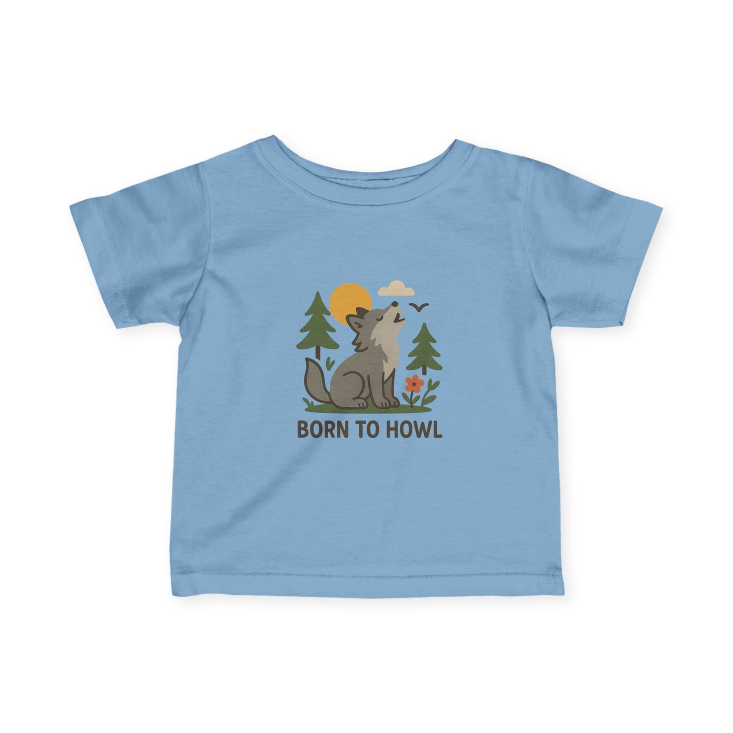 Light blue t-shirt with a wolf graphic and 'Born to Howl' text on a white background