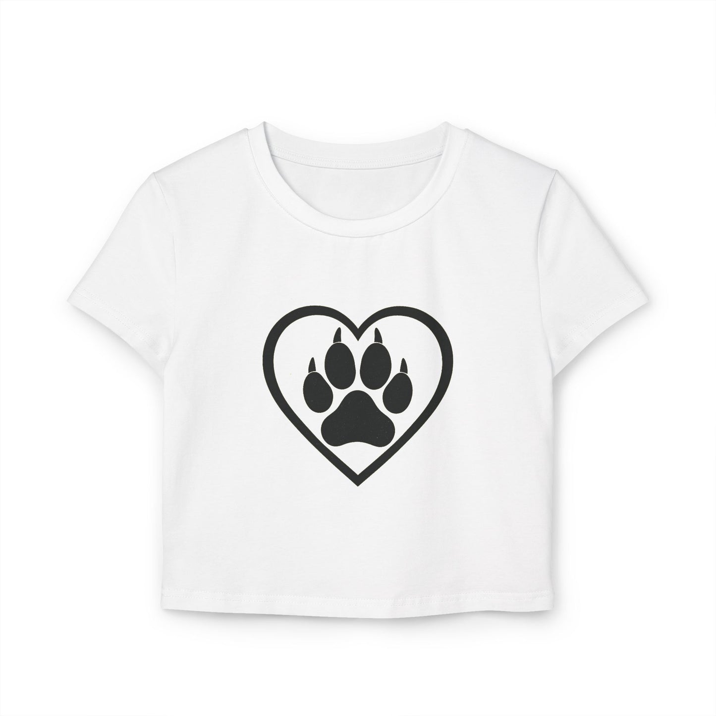 White t-shirt with black heart and paw print design on a white. Organic cotton baby tee with wolf-inspired design, printed on a slim-fit, eco-friendly shirt.