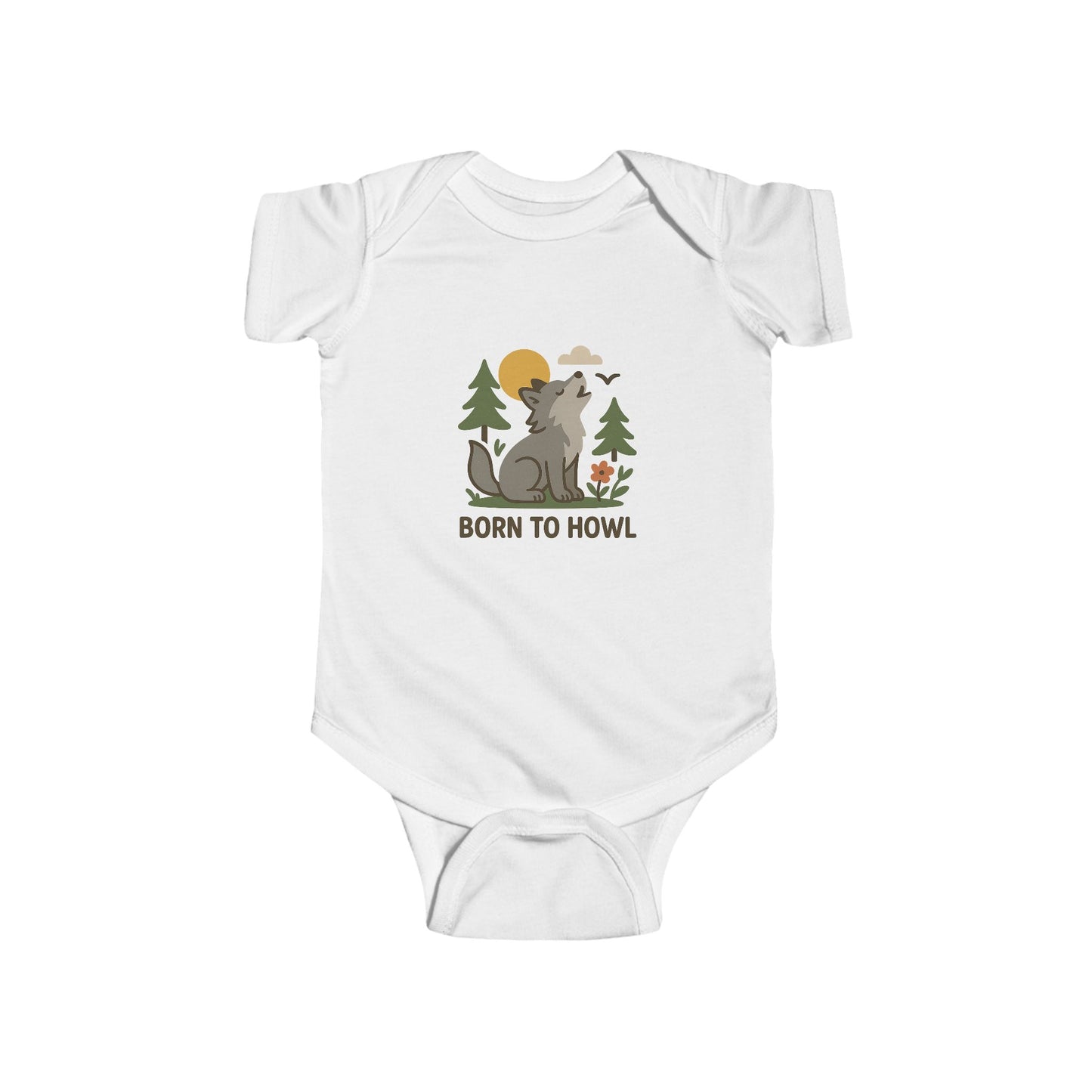 White baby onesie with a wolf graphic and 'Born to Howl' text on a white background