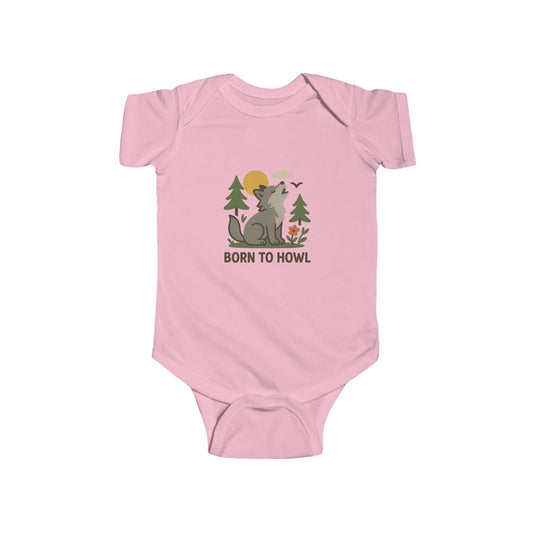 Pink baby onesie with a wolf graphic and 'Born to Howl' text on a white background
