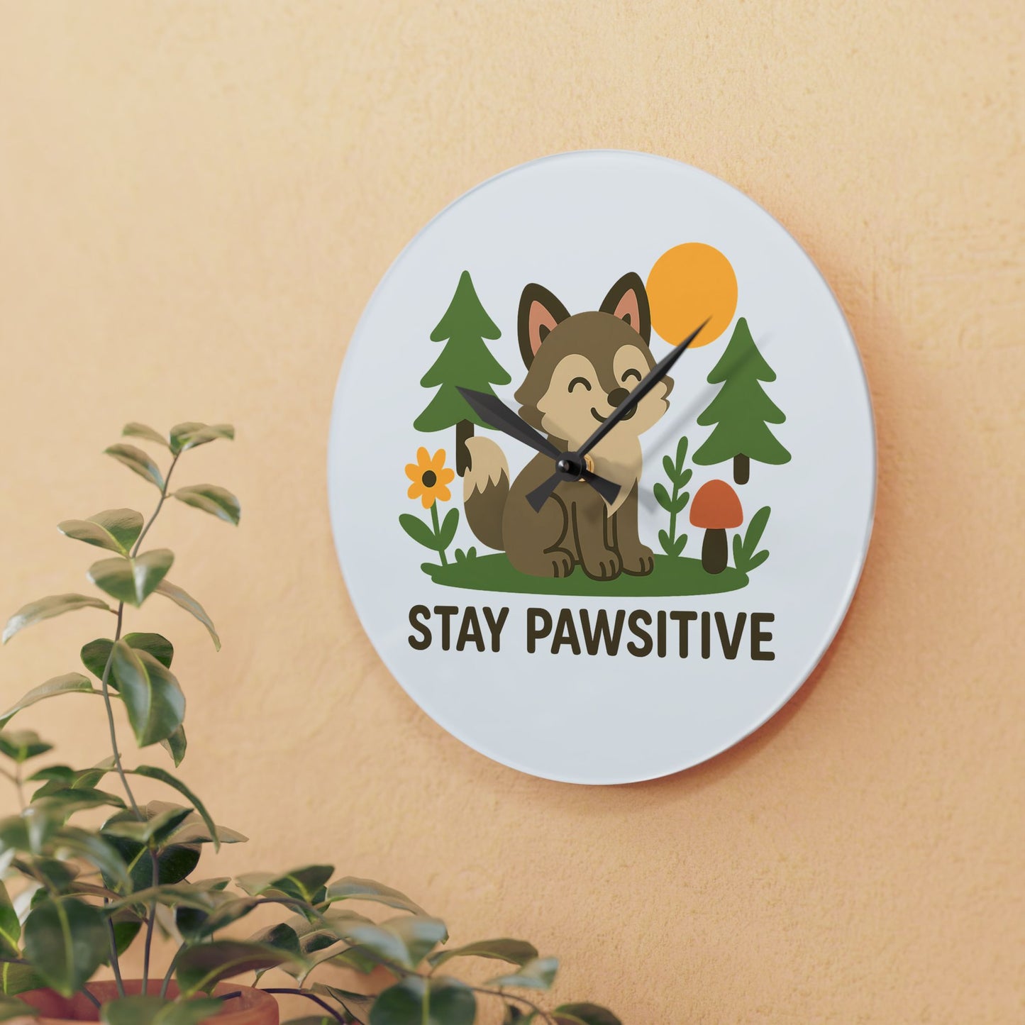 Stay Pawsitive Wolf | Acrylic Wall Clock