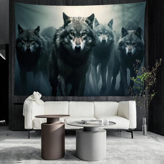 Living room with a wolf tapestry on the wall above a white sofa.