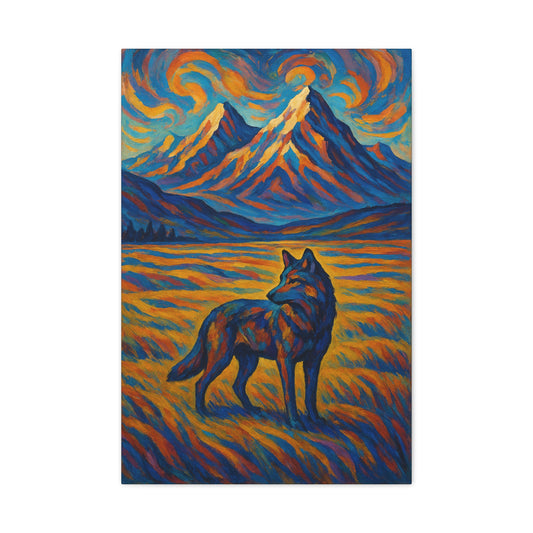 Painting of a wolf standing in a field with mountains in the background