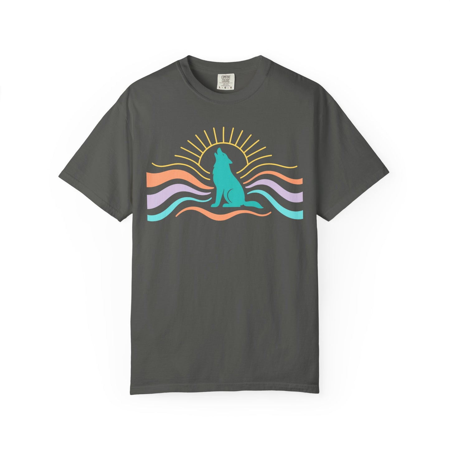 Gray t-shirt with a colorful wolf graphic design on a white background