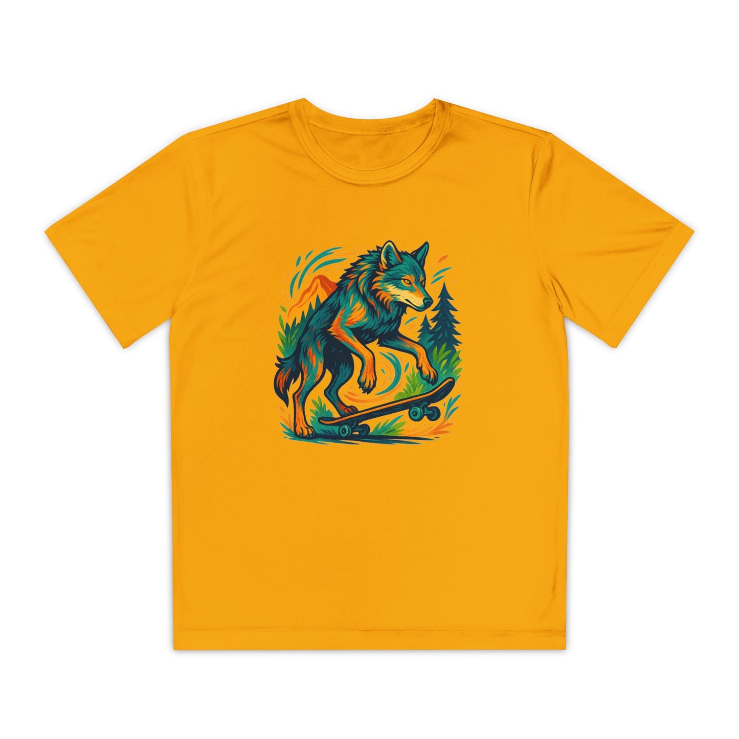 Yellow t-shirt with a colorful wolf graphic on a white background