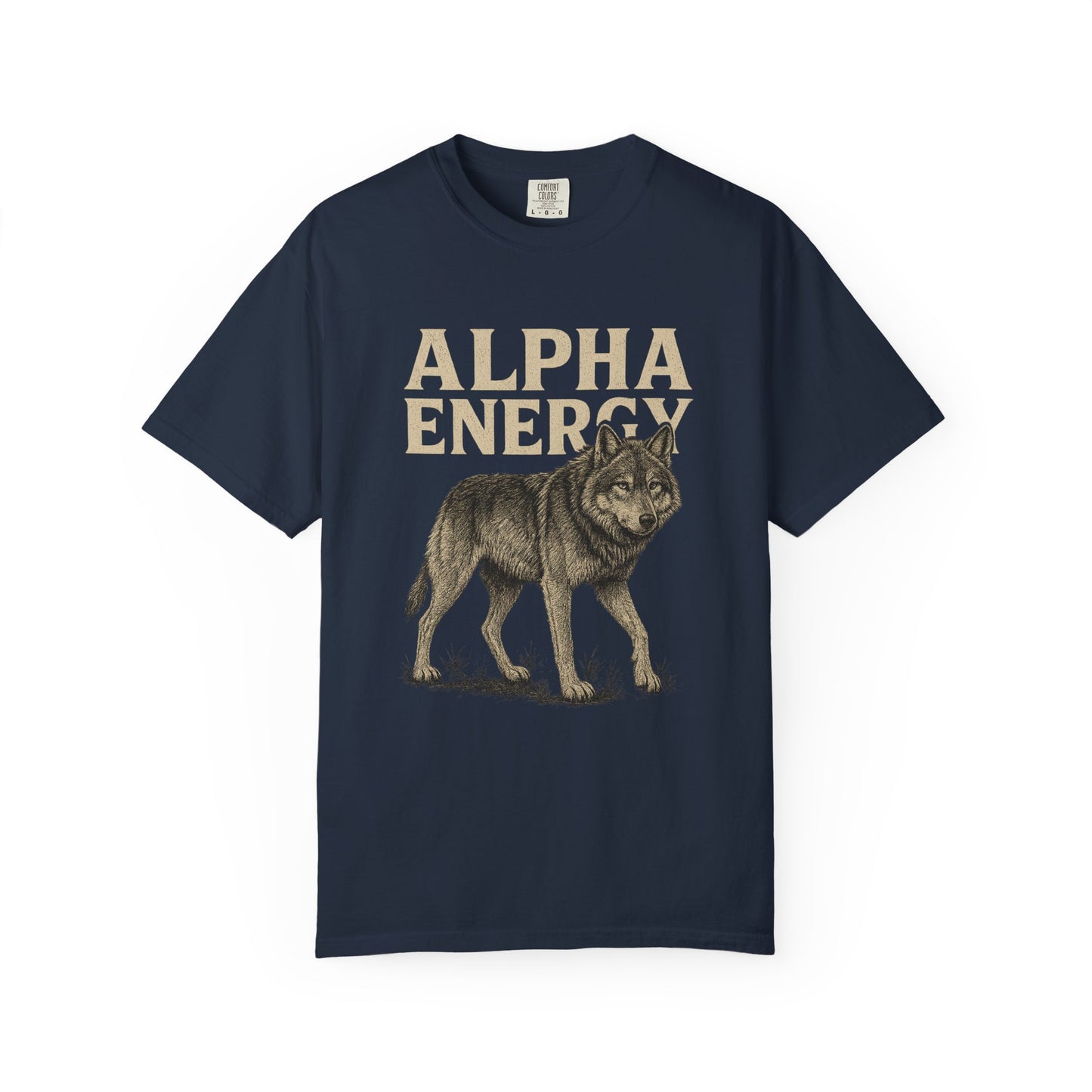 T-shirt with bold wolf design and the words Alpha Energy on front, displayed flat against a neutral background