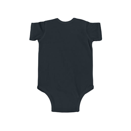 Backside of a Black baby wolf onesie on a white background