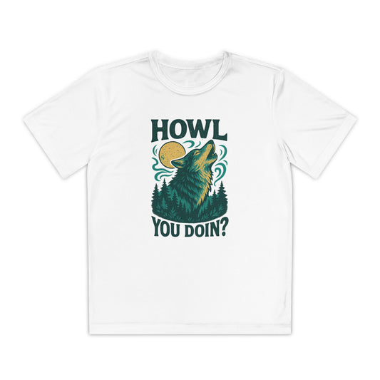 White youth t-shirt with a graphic of a wolf howling at the moon and text 'HOWL YOU DOIN?' on a white background
