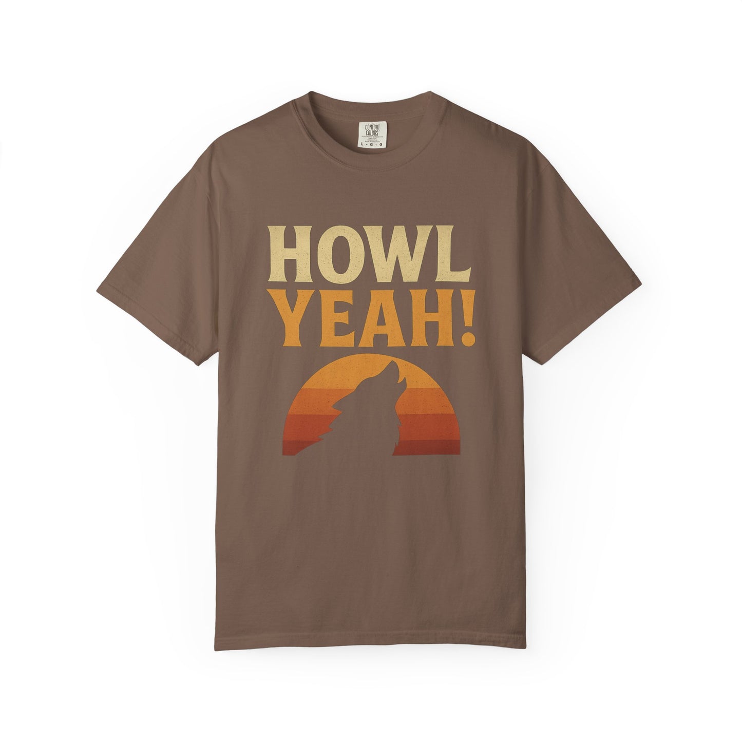 T-shirt with howling wolf silhouette in sunset colors, bold graphic centered on chest