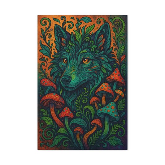 Colorful illustration of a wolf surrounded by mushrooms and foliage on a white background