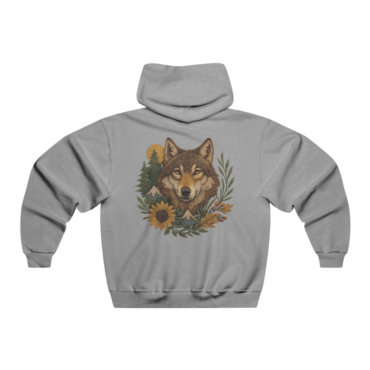 Hooded sweatshirt with front and back fall-themed wolf design in earthy autumn tones, printed on a soft cotton-poly blend with relaxed fit.