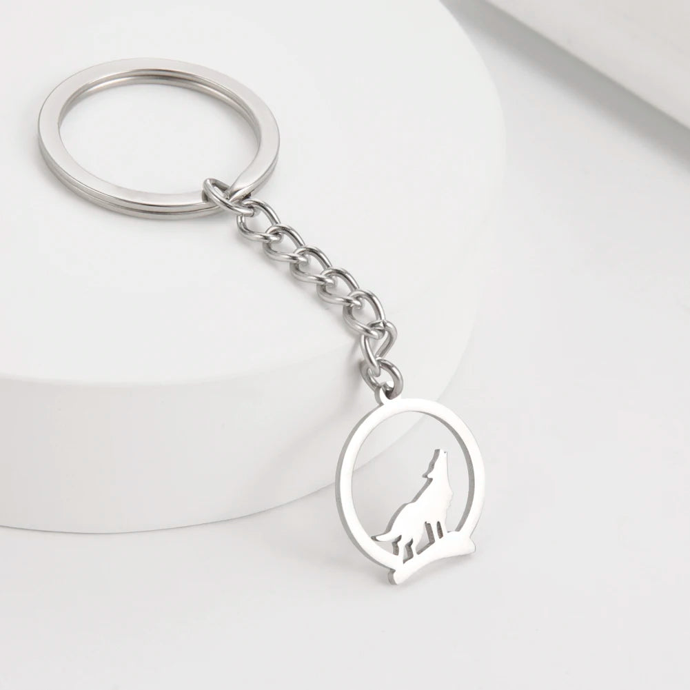 Silver Wolf Emblem Keychain | Stainless Steel Round Pendant