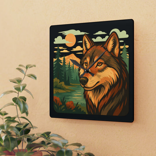 Black wall clock featuring a calm wolf in golden hour lighting with warm forest tones, displayed with a peaceful, nature-themed design.