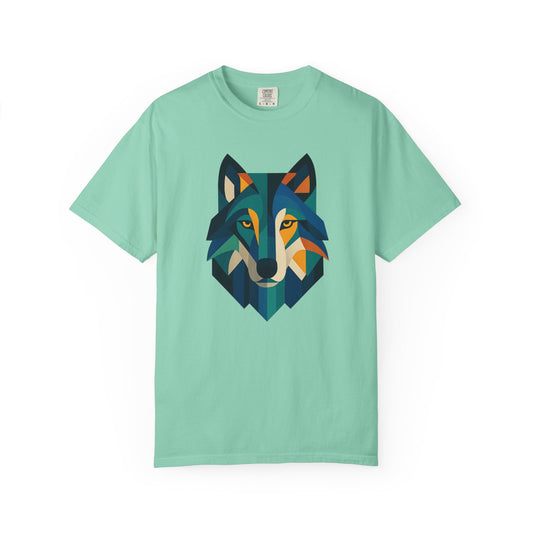 Mint green t-shirt with a geometric wolf prism design on a white background