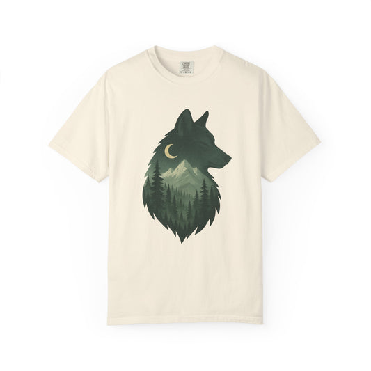 White T-shirt featuring a serene wolf design surrounded by forest imagery, symbolizing calm strength and deep-rooted nature
