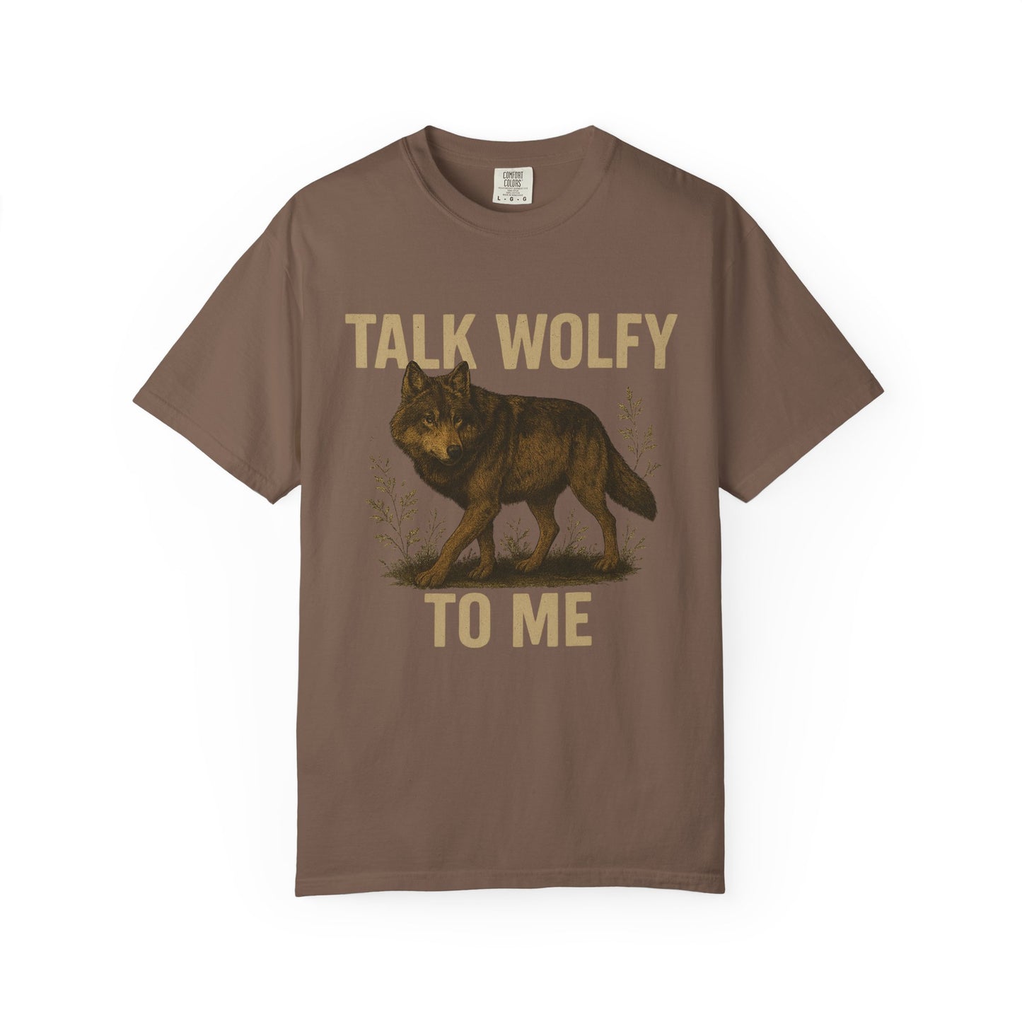 Funny wolf-themed graphic t-shirt with “Talk Wolfy to Me” text design, printed on soft cotton with relaxed fit and cheeky attitude.