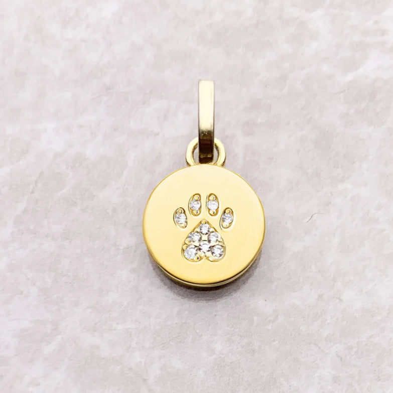 Gold pendant with paw print design on a light gray background