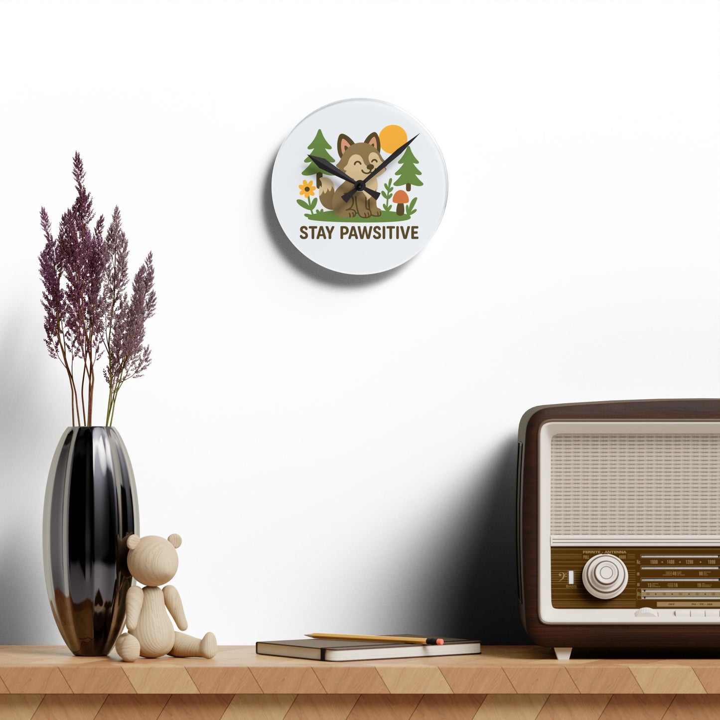 Stay Pawsitive Wolf | Acrylic Wall Clock