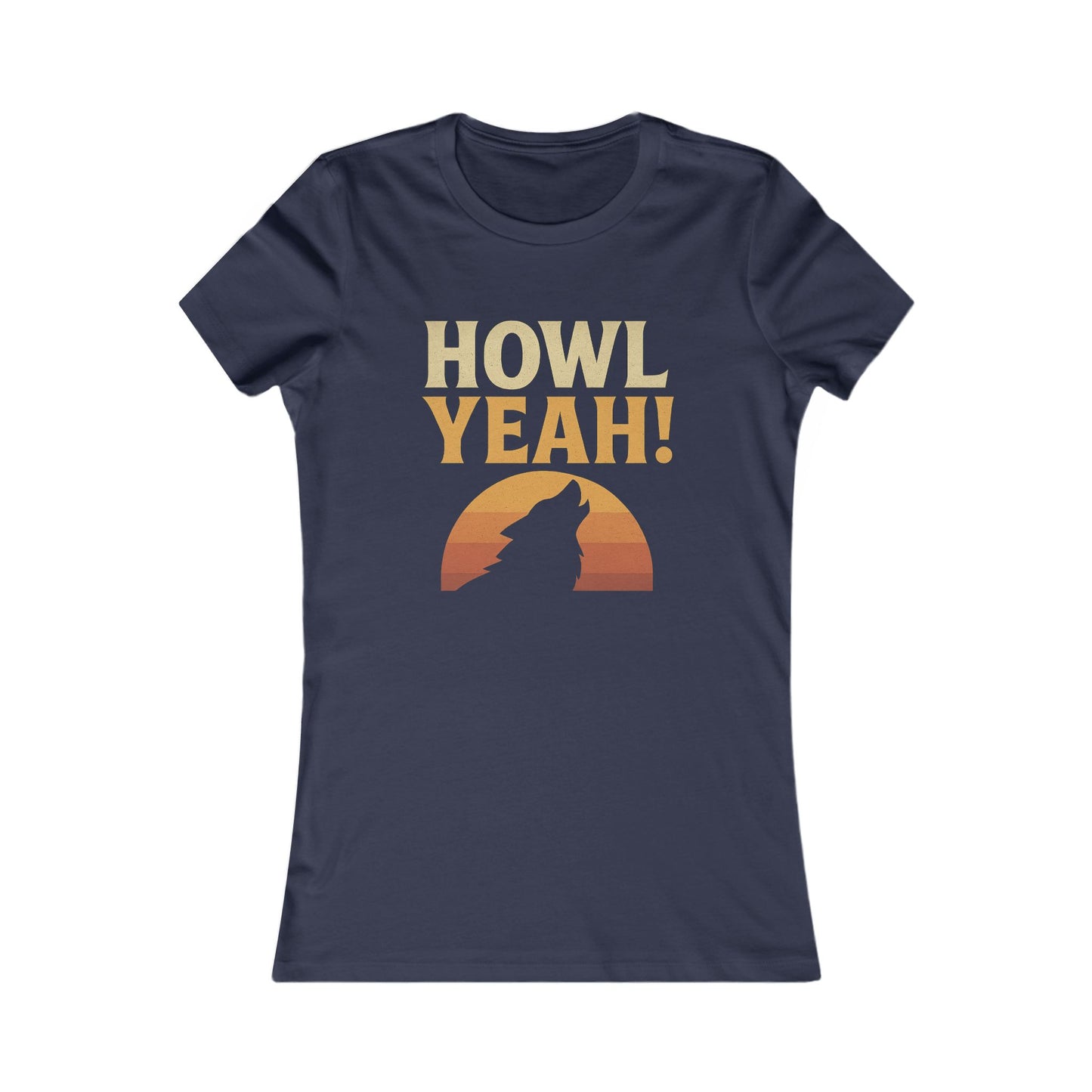 Navy blue womens t-shirt with 'HOWL YEAH!' text and wolf silhouette graphic on a white background